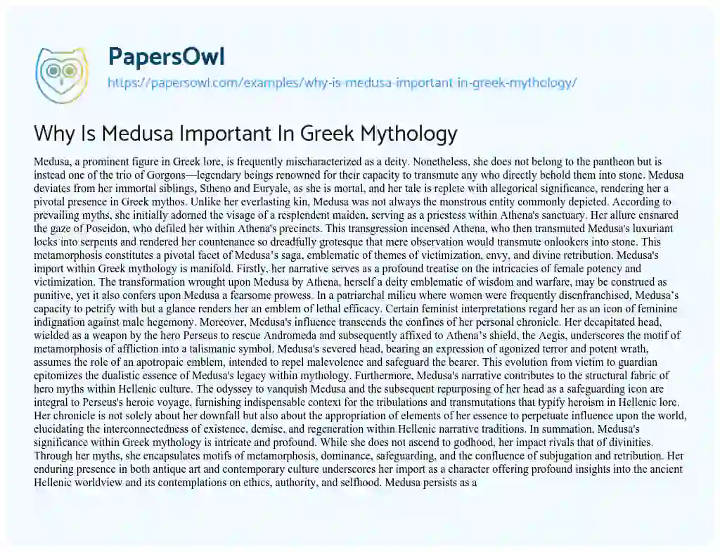 Essay on Why is Medusa Important in Greek Mythology