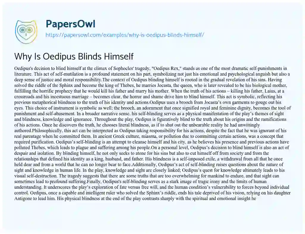 Essay on Why is Oedipus Blinds himself