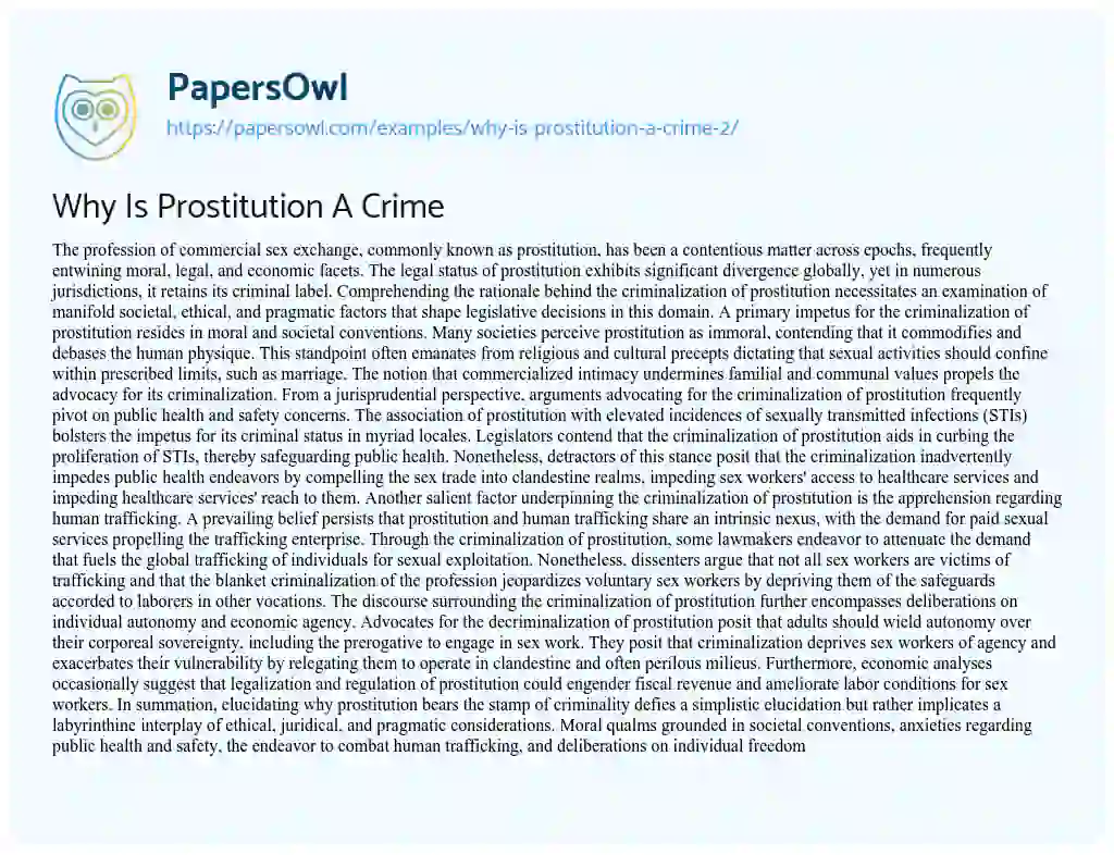 Essay on Why is Prostitution a Crime