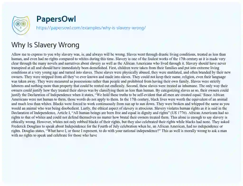 Essay on Why is Slavery Wrong