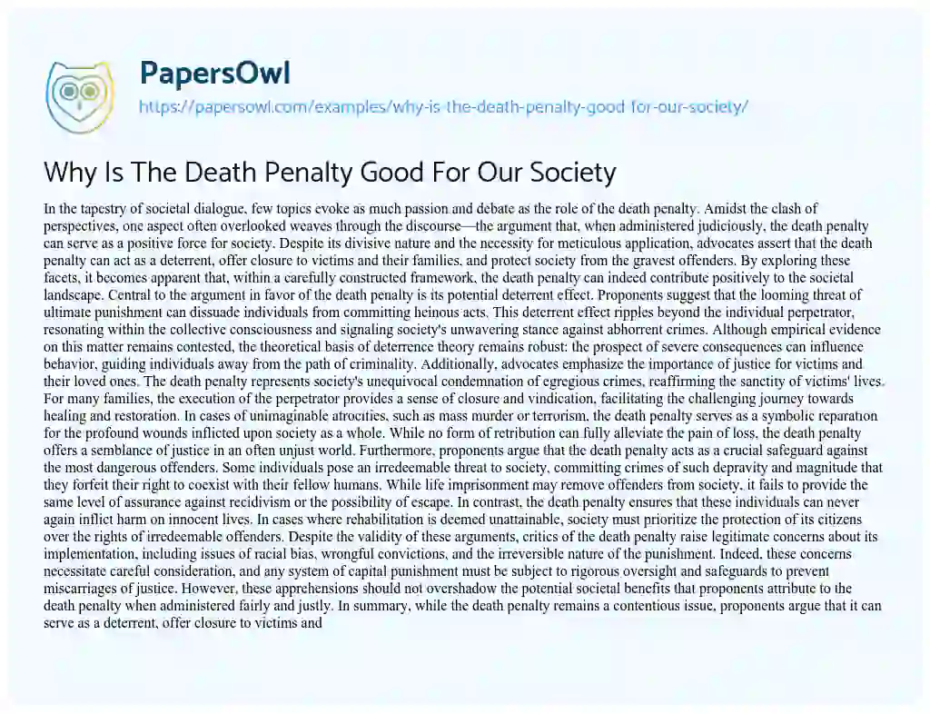 Essay on Why is the Death Penalty Good for our Society