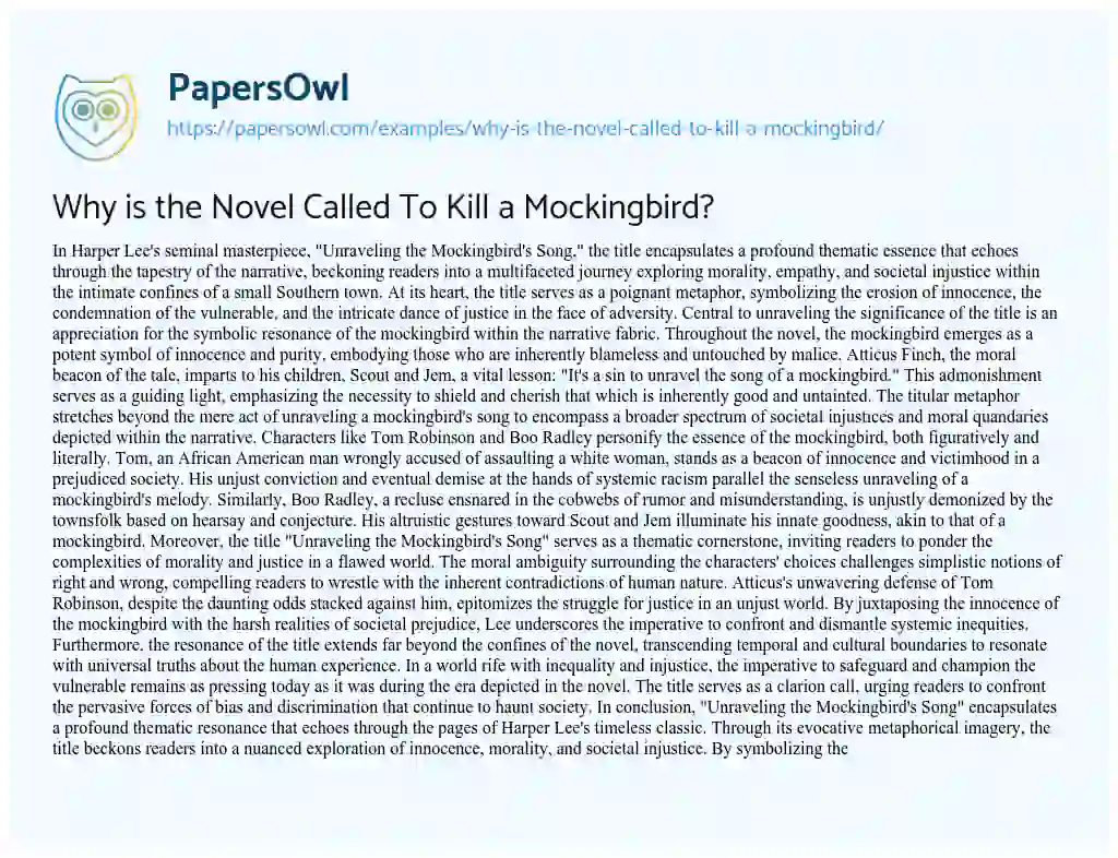 Essay on Why is the Novel Called to Kill a Mockingbird?