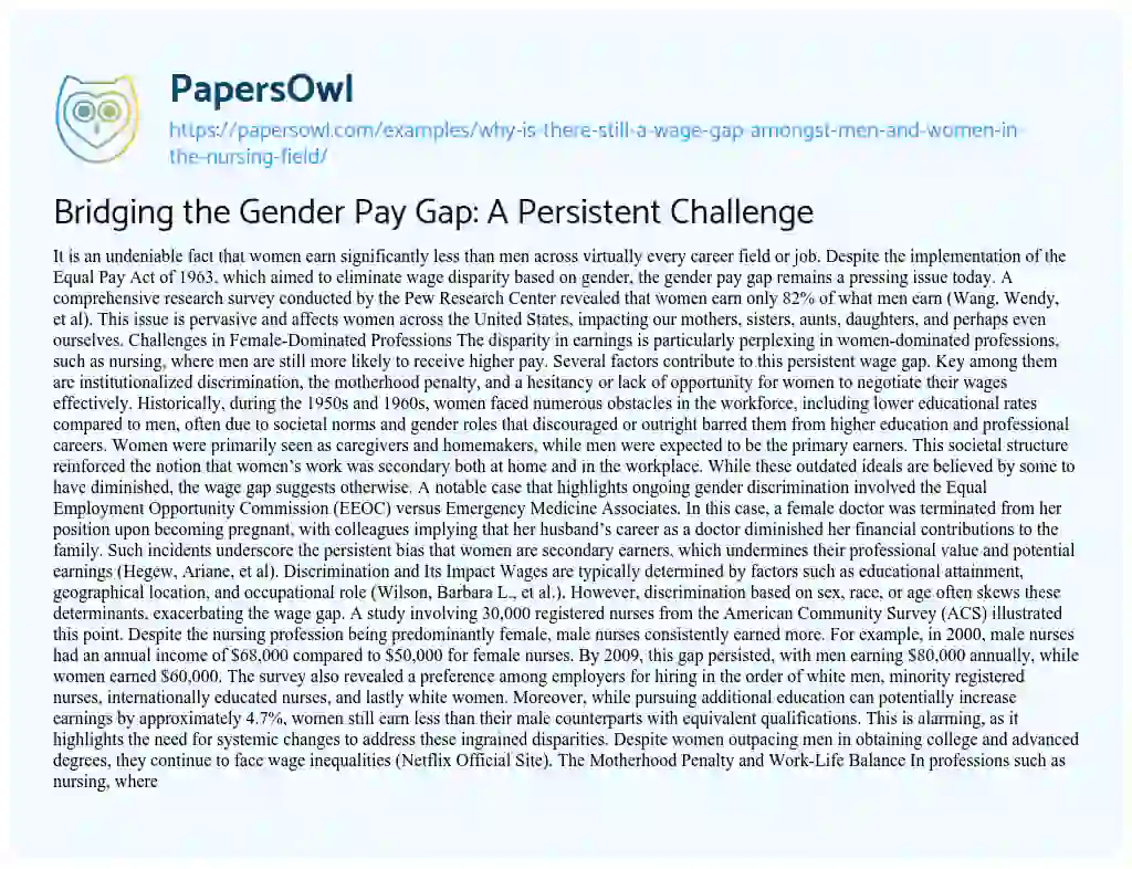 Essay on Why is there Still a Wage Gap Amongst Men and Women in the Nursing Field?