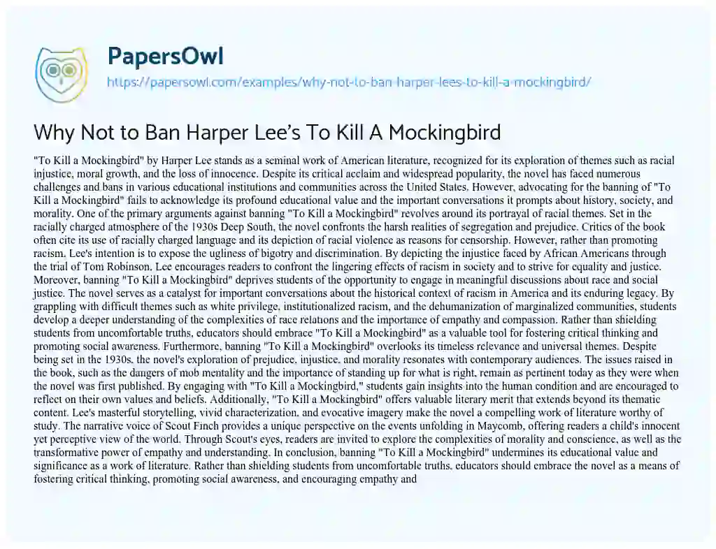 Essay on Why not to Ban Harper Lee’s to Kill a Mockingbird