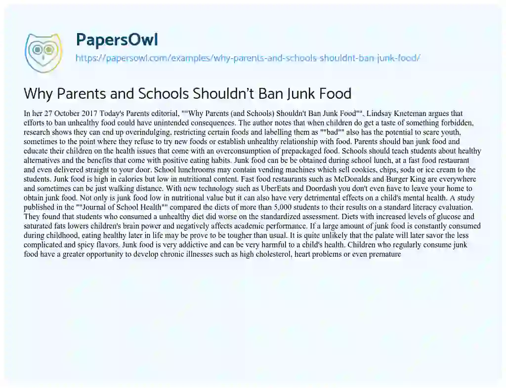 Essay on Why Parents and Schools shouldn’t Ban Junk Food