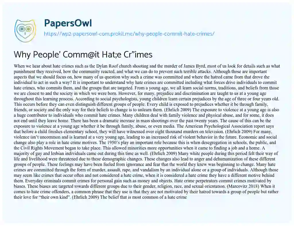 Essay on Why People Commit Hate Crimes