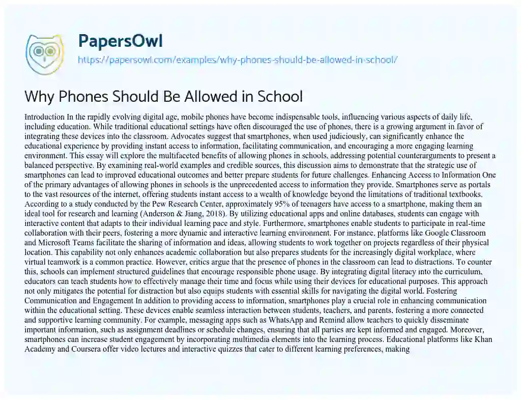 Essay on Why Phones Should Be Allowed in School