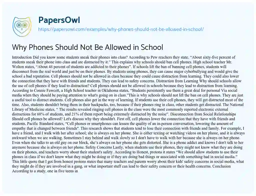Essay on Why Phones should not be Allowed in School