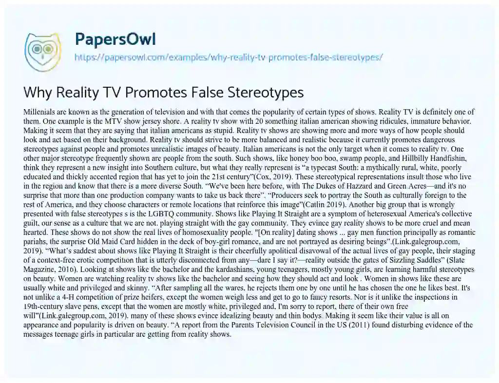 Essay on Why Reality TV Promotes False Stereotypes