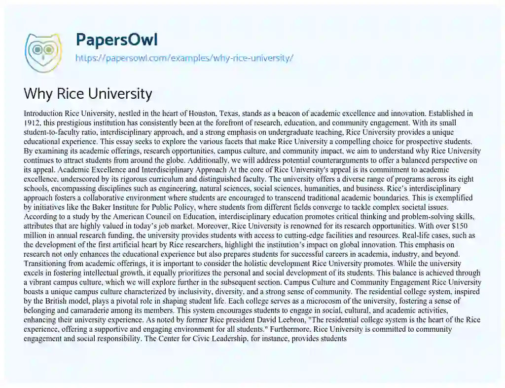Essay on Why Rice University