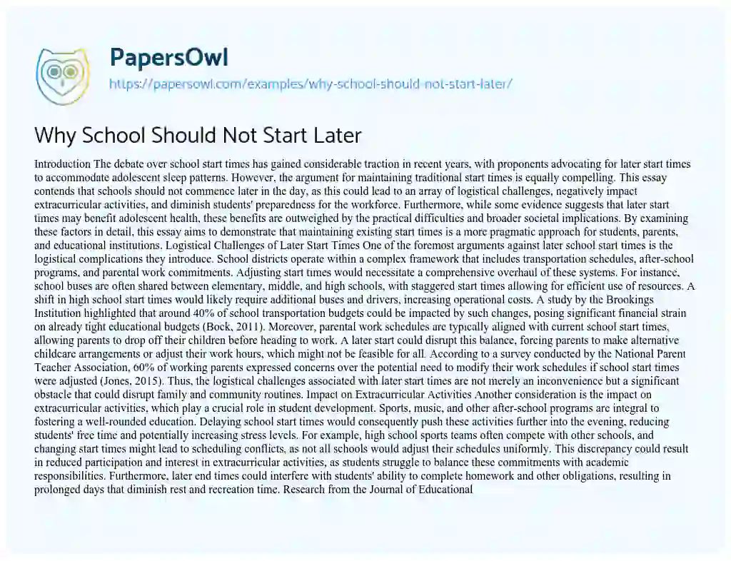 Essay on Why School Should Not Start Later