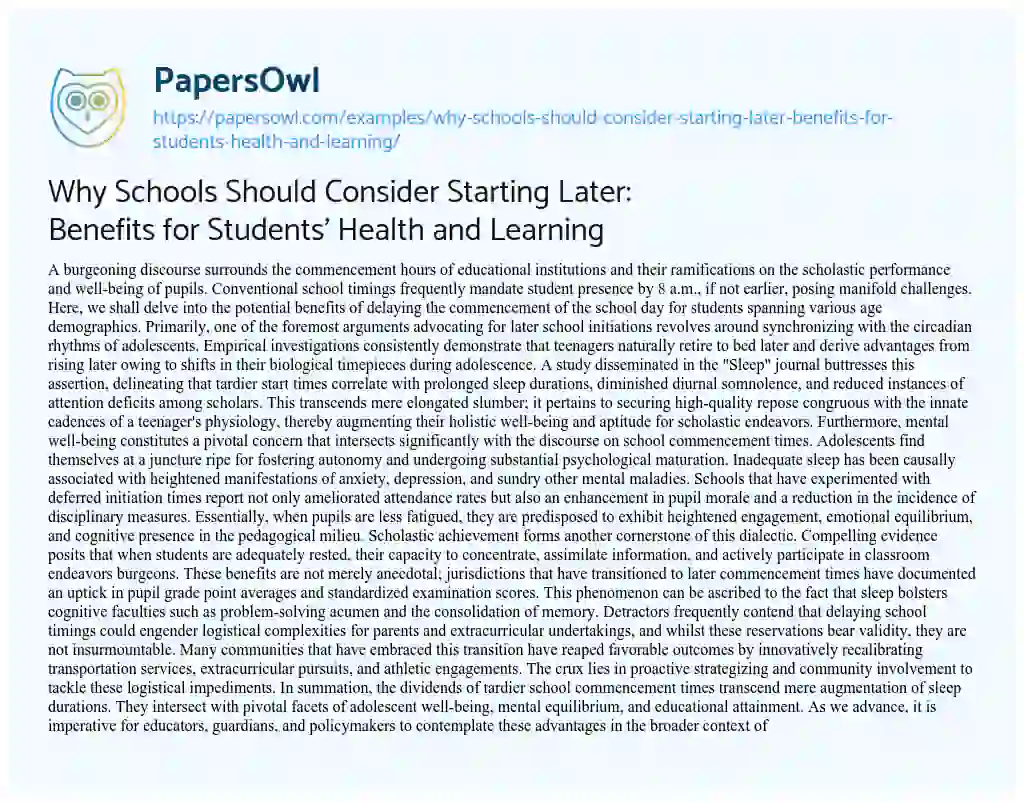Essay on Why Schools should Consider Starting Later: Benefits for Students’ Health and Learning