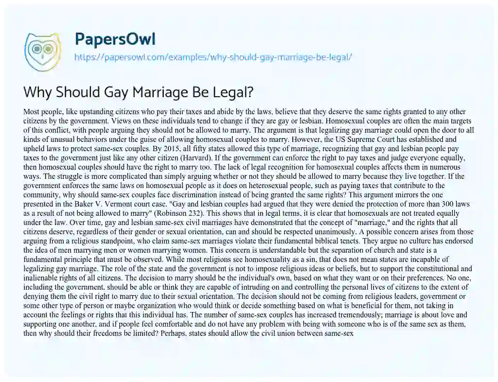 Essay on Why should Gay Marriage be Legal?
