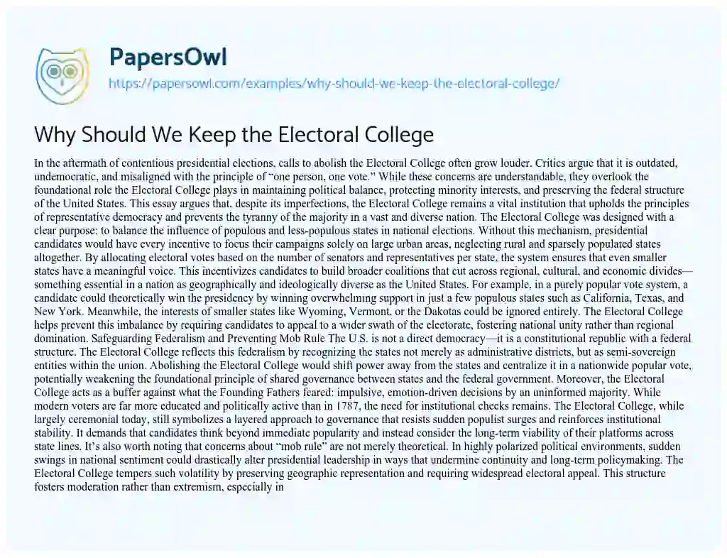 Essay on Why Should We Keep the Electoral College