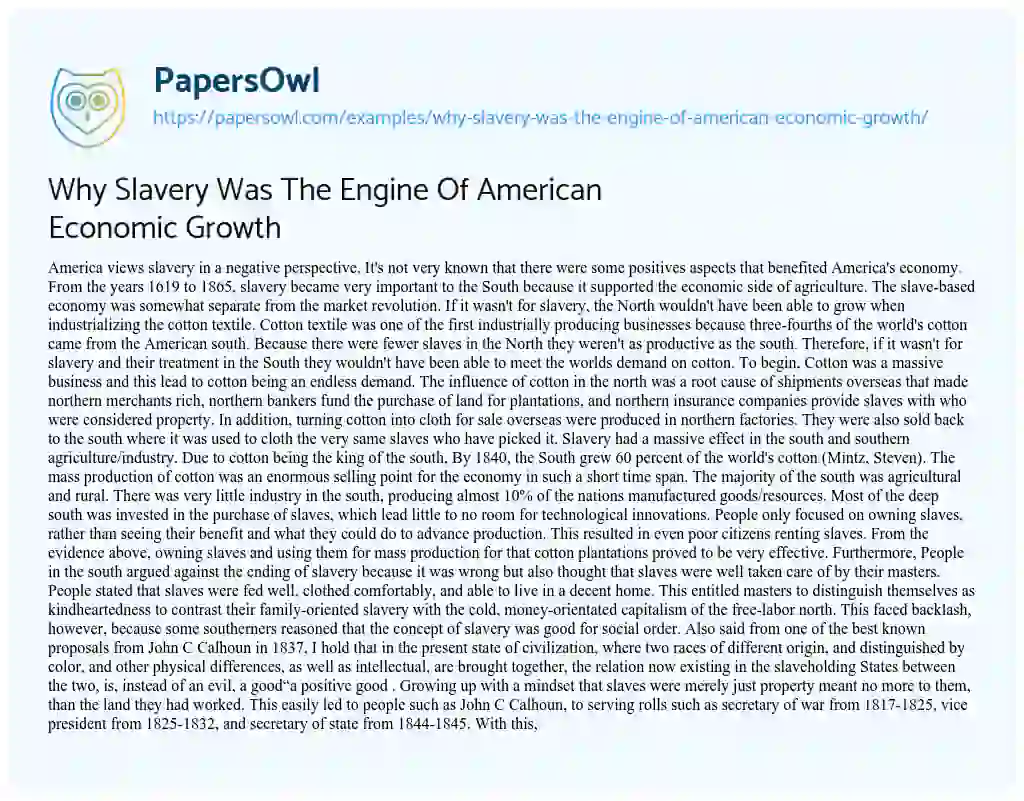 Essay on Why Slavery was the Engine of American Economic Growth