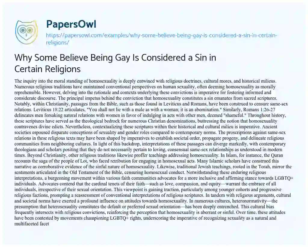 Essay on Why some Believe being Gay is Considered a Sin in Certain Religions