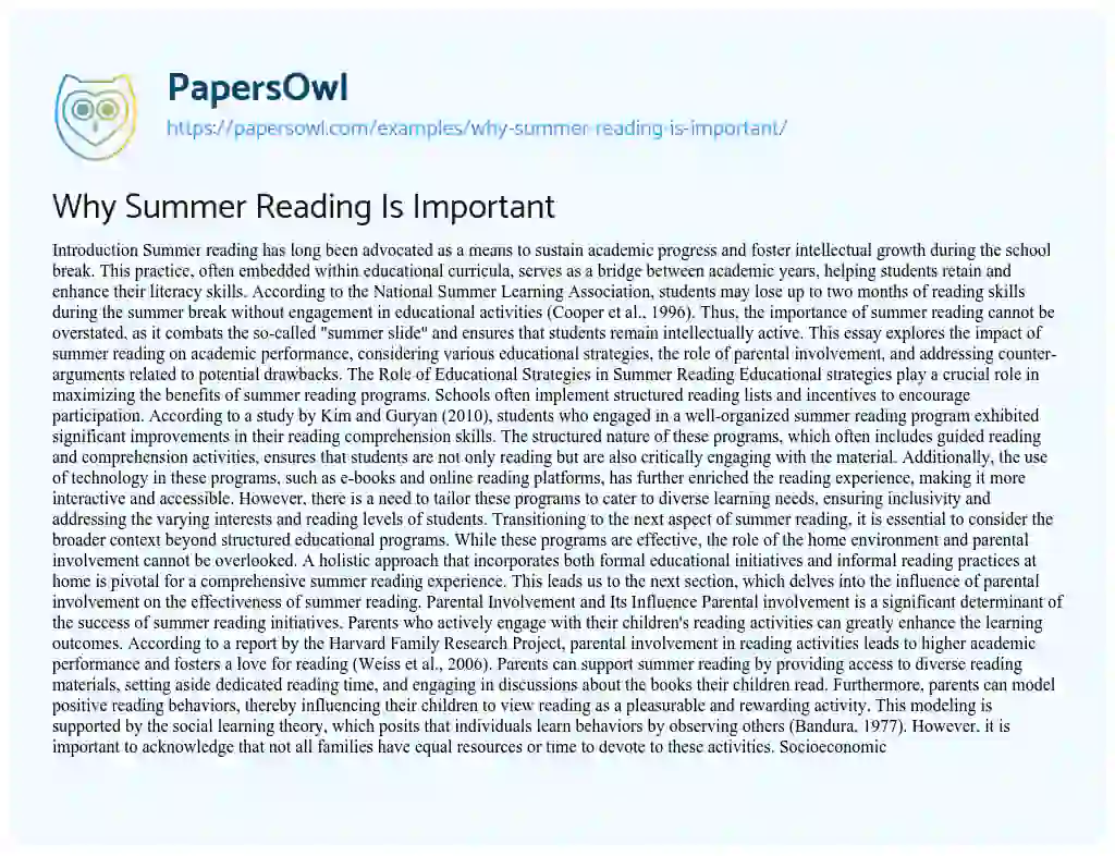 Essay on Why Summer Reading Is Important