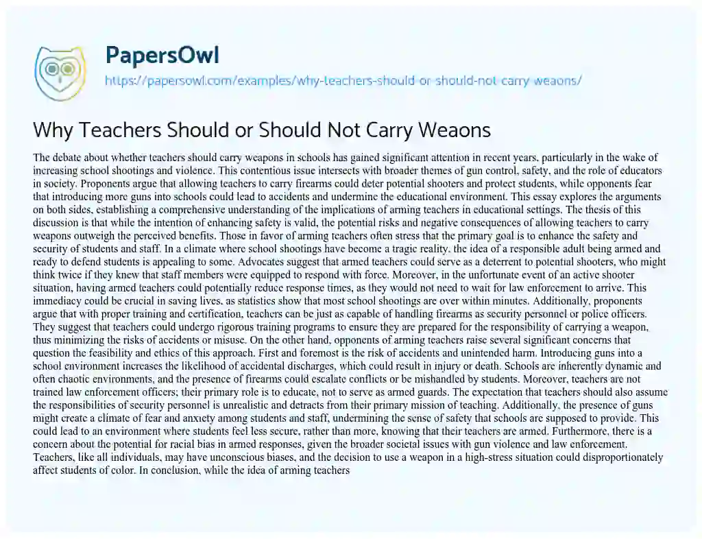 Essay on Why Teachers Should or Should Not Carry Weaons
