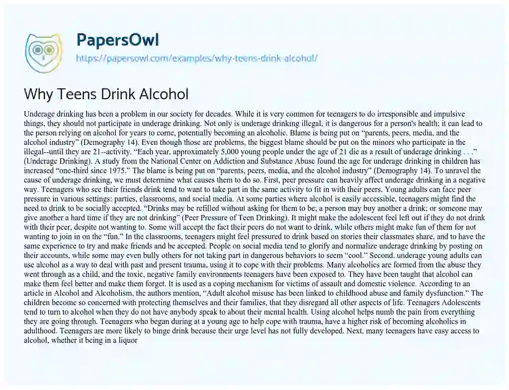 Essay on Why Teens Drink Alcohol