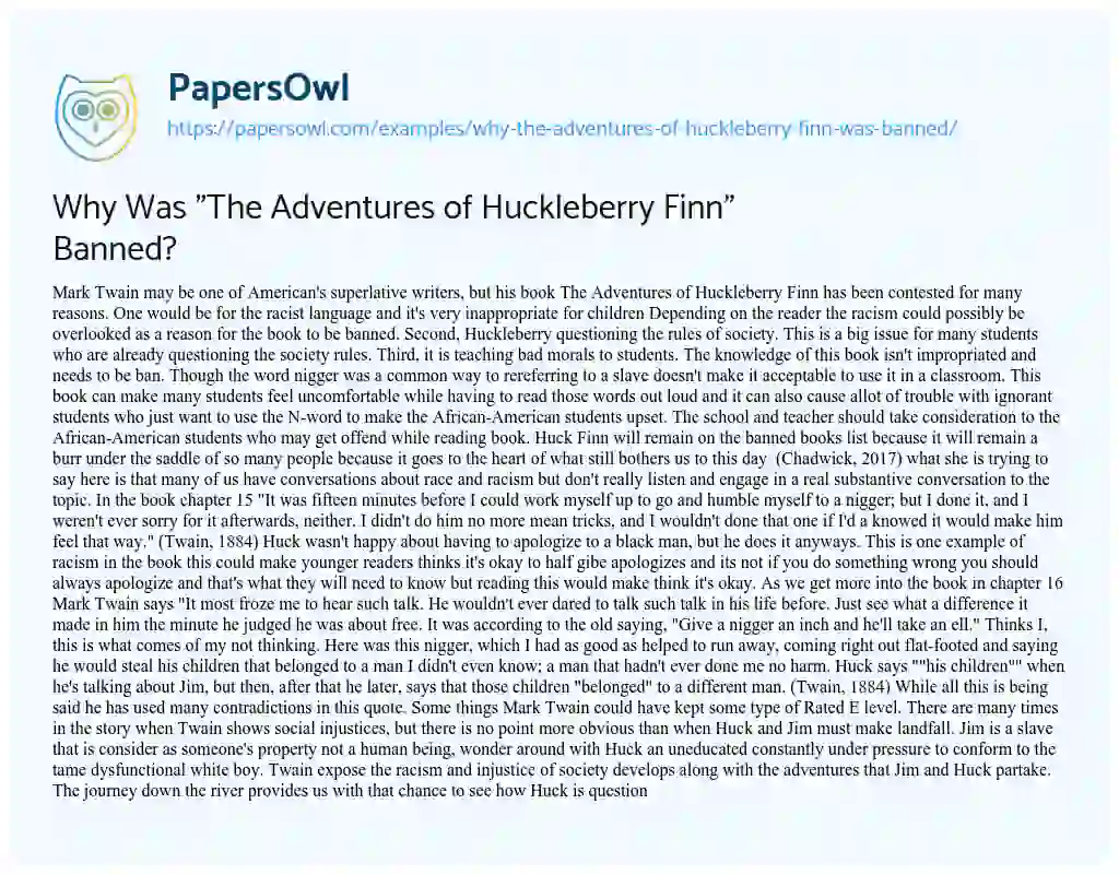 Why was “The Adventures of Huckleberry Finn” Banned? essay