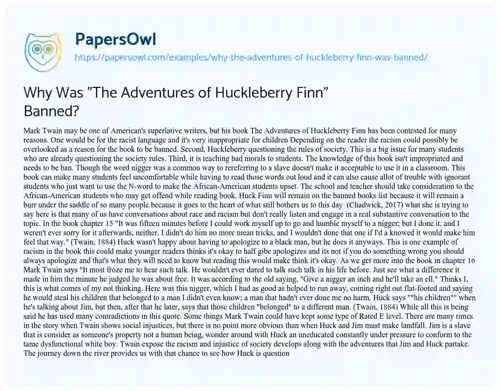 Essay on Why was “The Adventures of Huckleberry Finn” Banned?