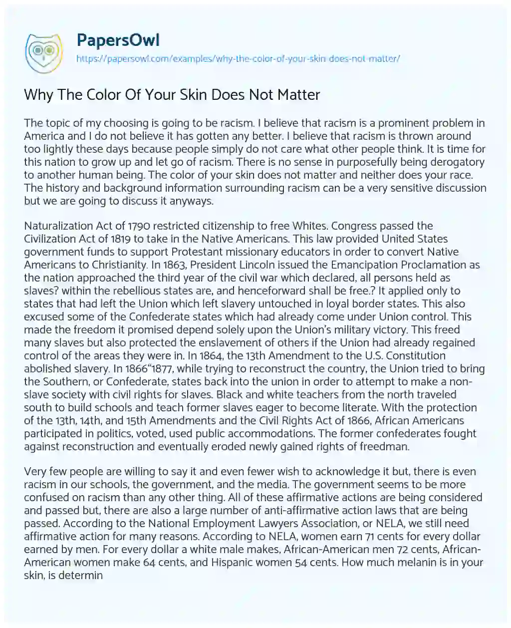 Why the Color of your Skin does not Matter essay