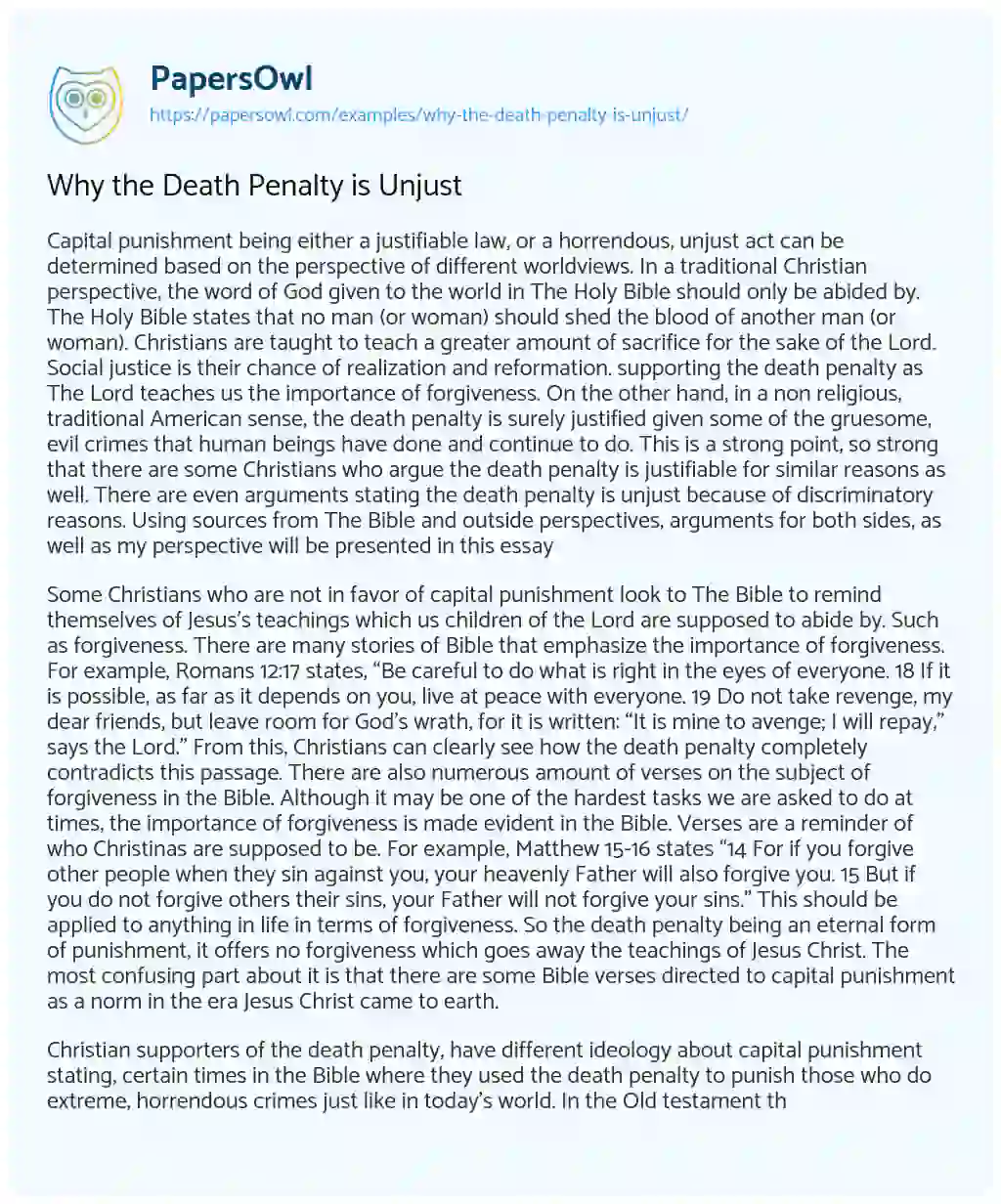Essay on Why the Death Penalty is Unjust