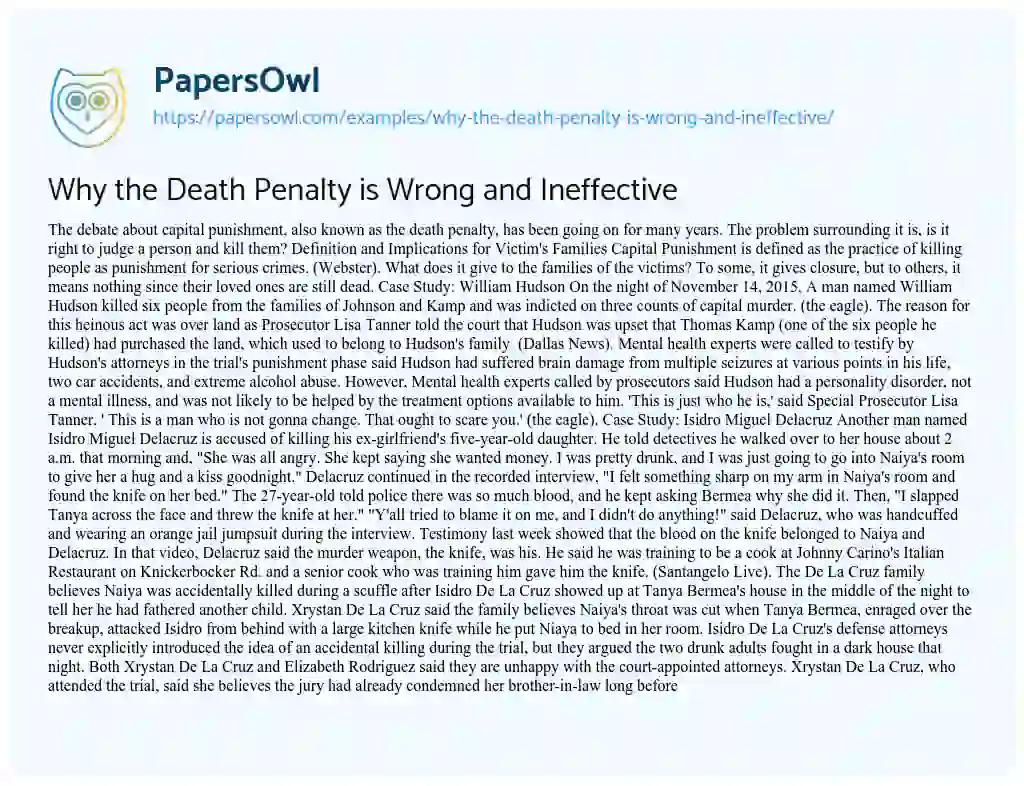 Essay on Why the Death Penalty is Wrong and Ineffective