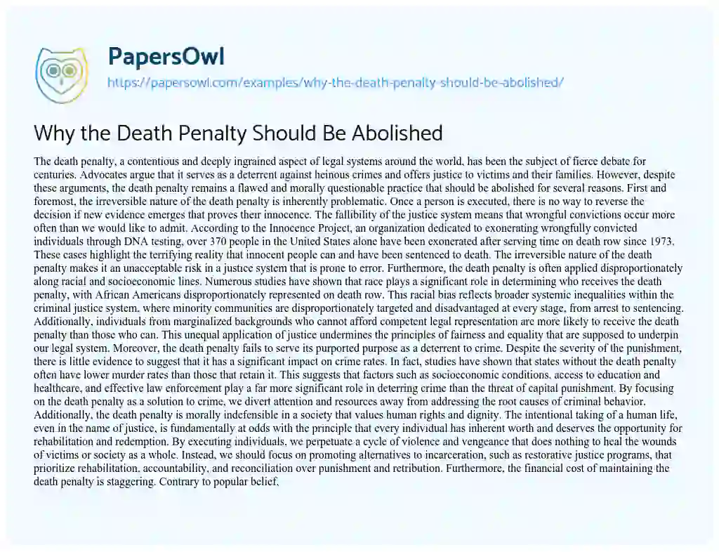 Essay on Why the Death Penalty should be Abolished