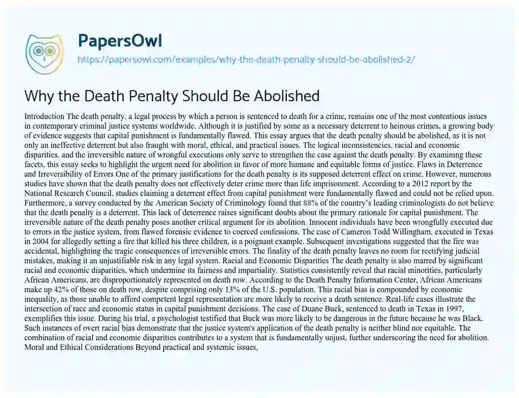 Essay on Why the Death Penalty Should Be Abolished