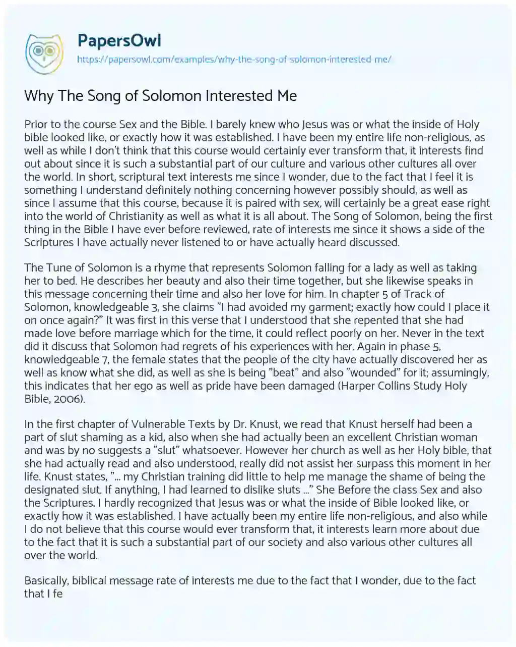 Essay on Why the Song of Solomon Interested me