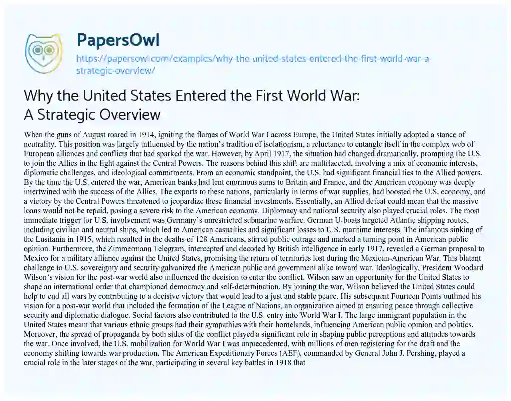 Essay on Why the United States Entered the First World War: a Strategic Overview