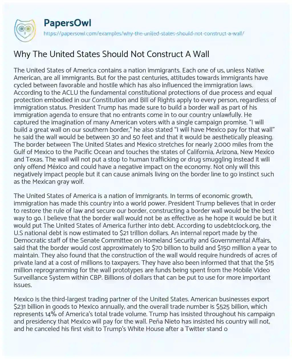 Why The United States Should Not Construct A Wall   Free Essay Example