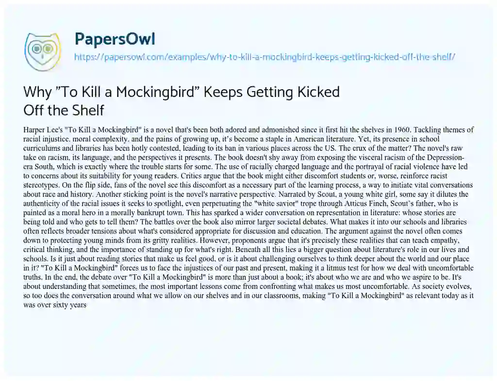 Essay on Why “To Kill a Mockingbird” Keeps Getting Kicked off the Shelf