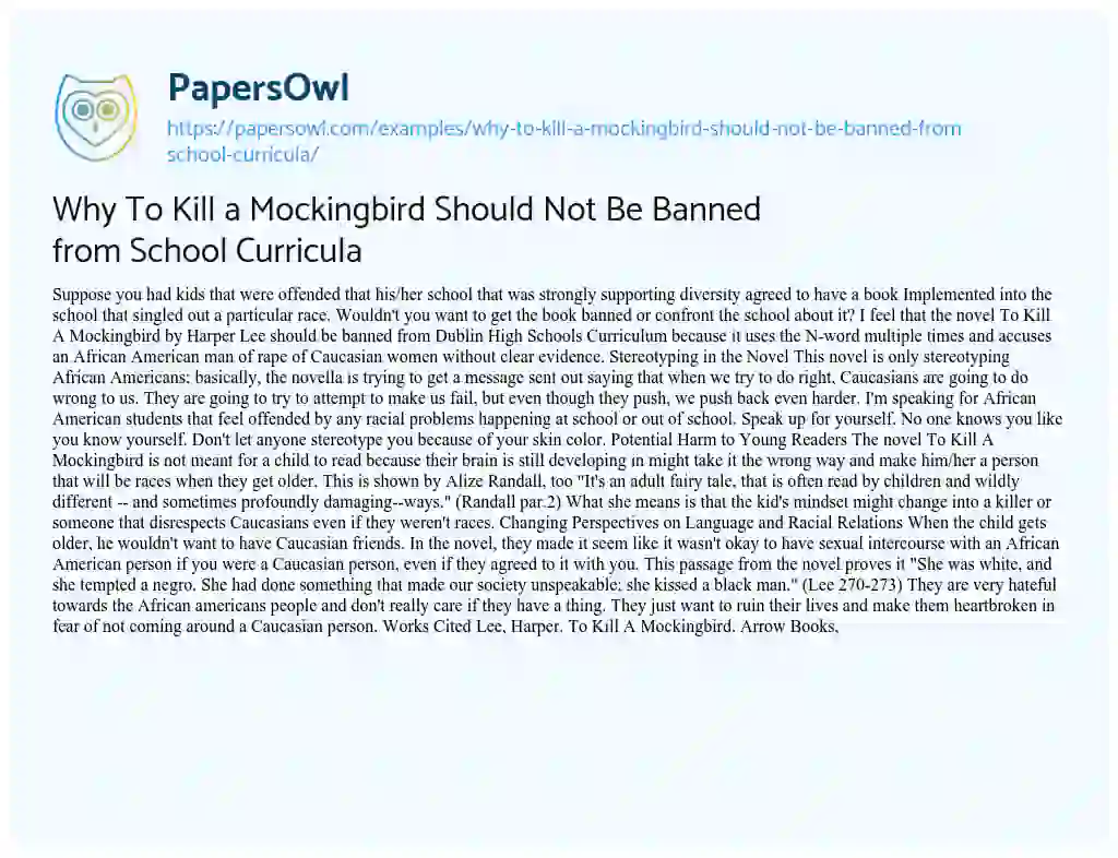 Essay on Why to Kill a Mockingbird should not be Banned from School Curricula
