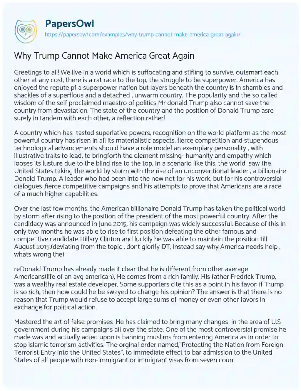 Essay on Why Trump cannot Make America Great again