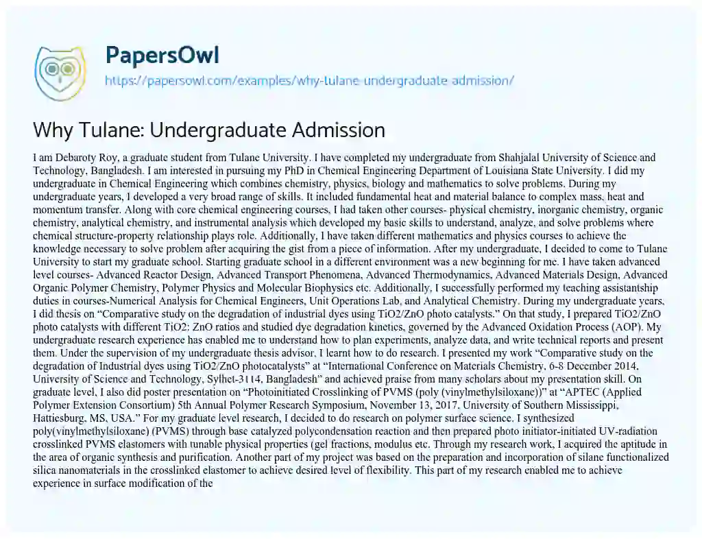 Essay on Why Tulane: Undergraduate Admission