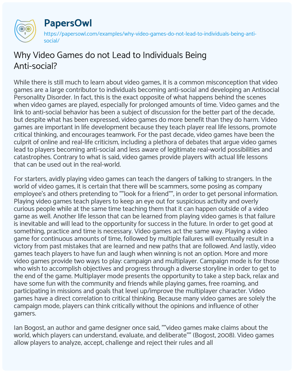 Essay on Why Video Games do not Lead to Individuals being Anti-social?