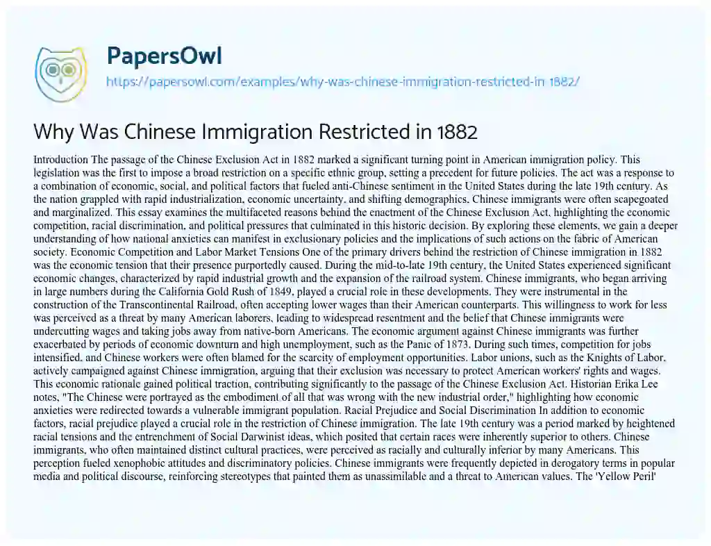 Essay on Why Was Chinese Immigration Restricted in 1882