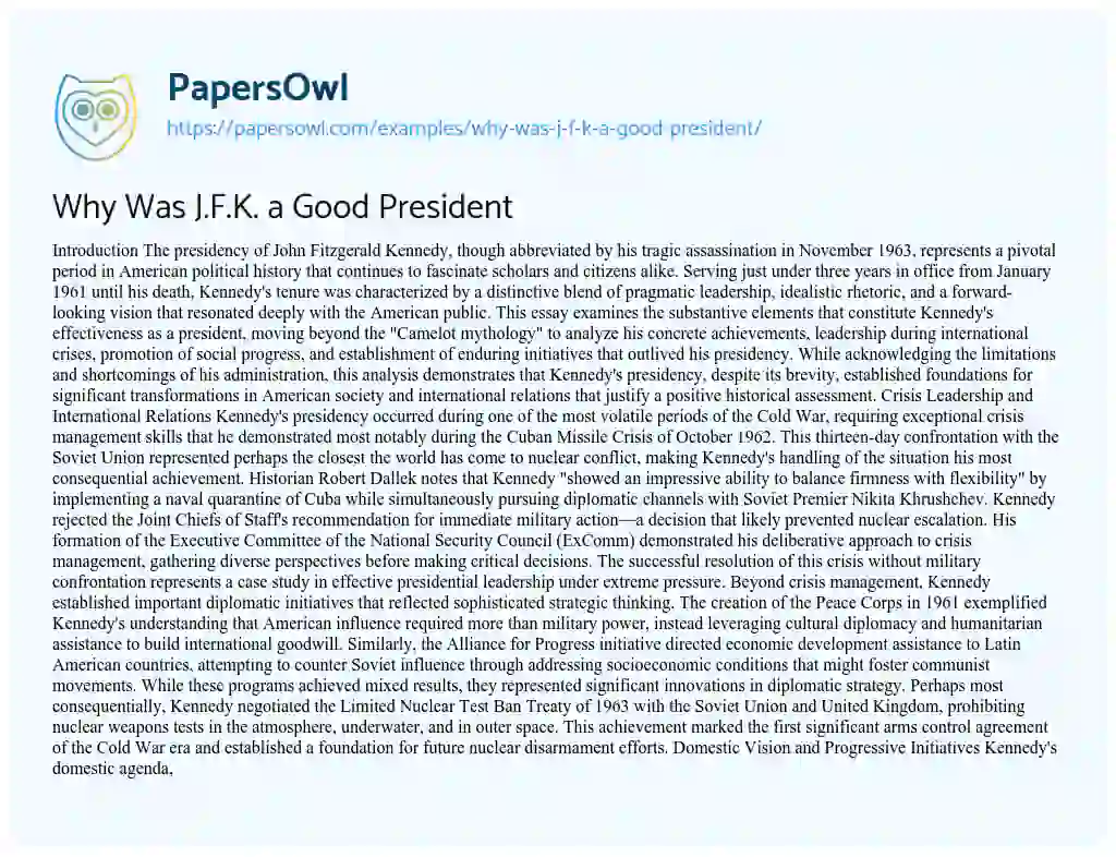 Essay on Why Was J.F.K. a Good President