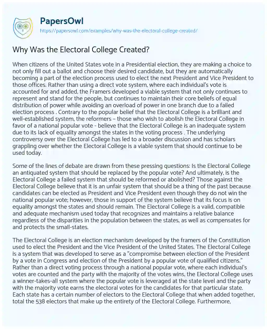 Why was the Electoral College Created? essay