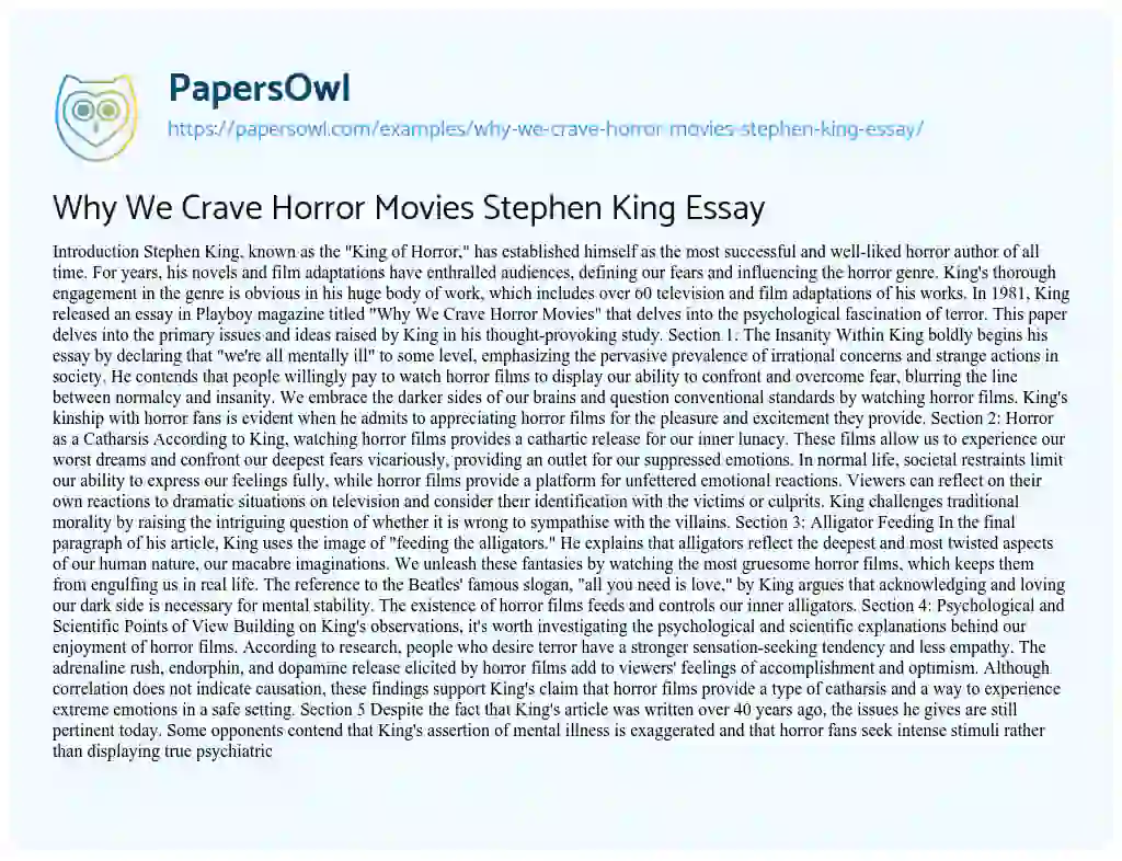 Essay on Why we Crave Horror Movies Stephen King Essay