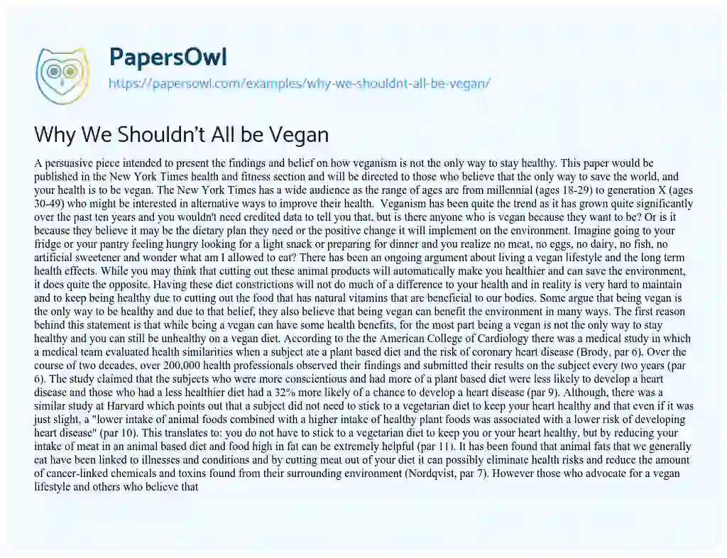 Essay on Why we shouldn’t all be Vegan
