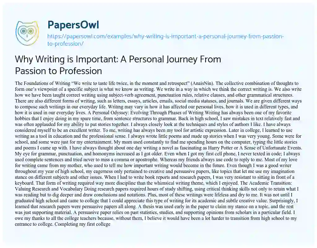 Essay on Why Writing is Important: a Personal Journey from Passion to Profession