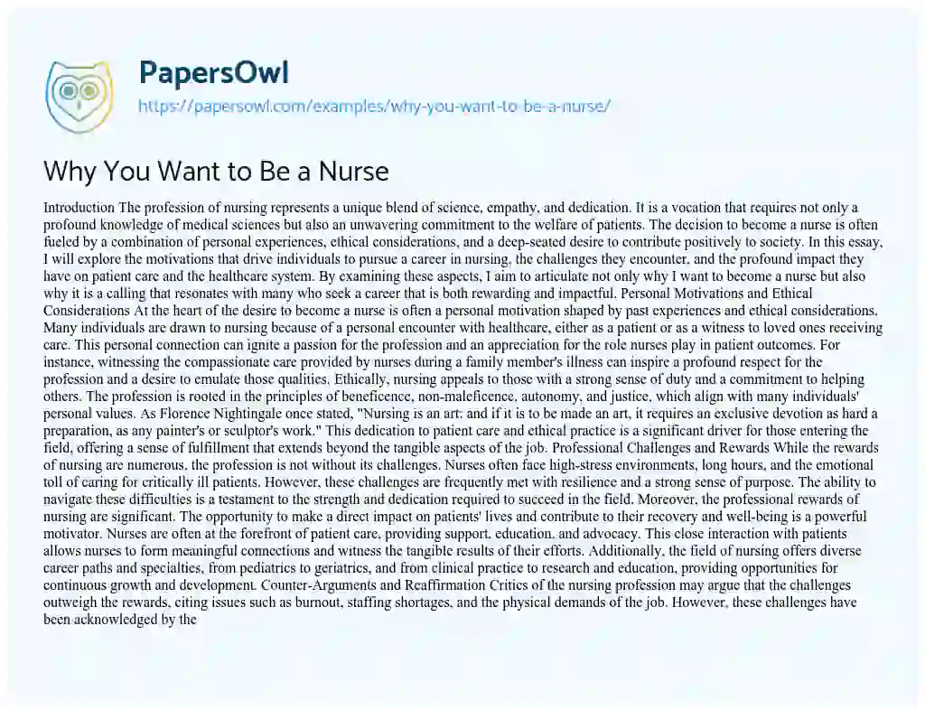 Essay on Why You Want to Be a Nurse