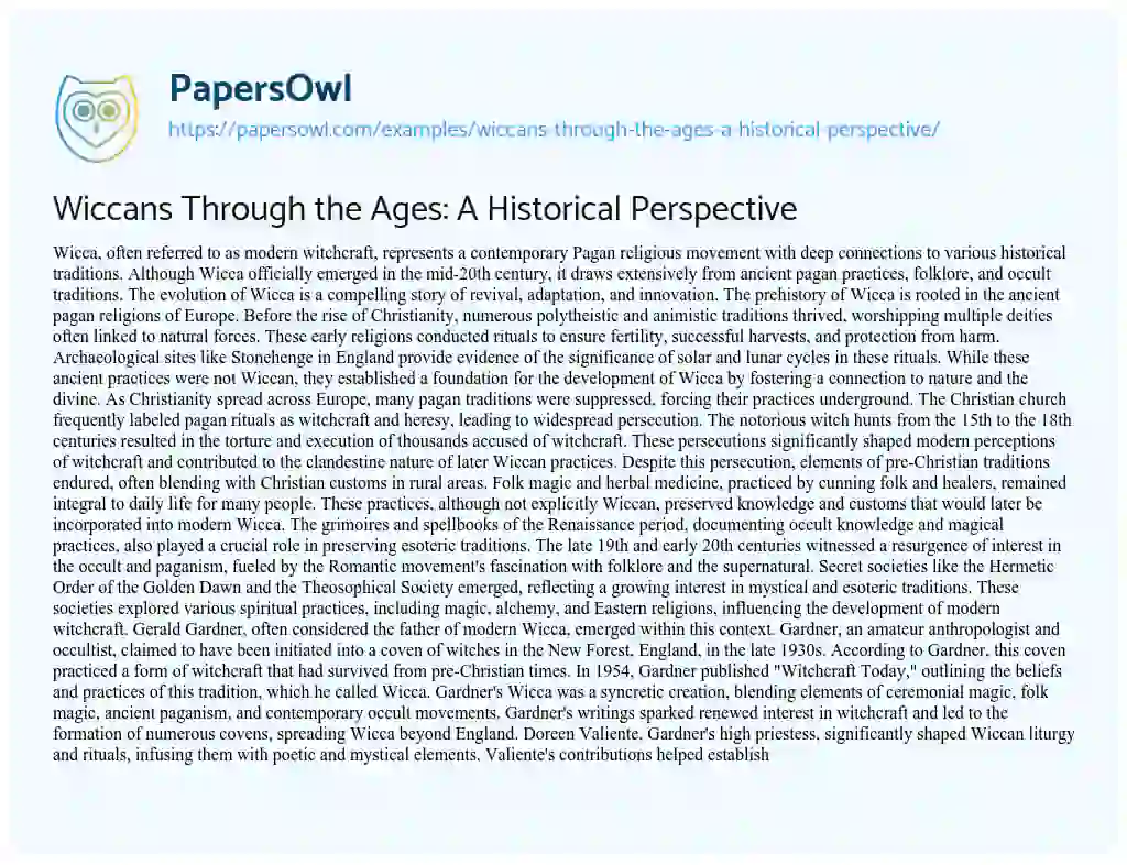 Essay on Wiccans through the Ages: a Historical Perspective