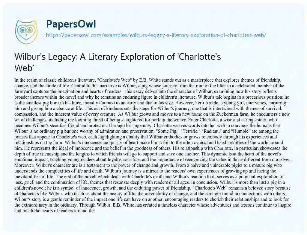 Wilbur's Legacy: A Literary Exploration of 'Charlotte's Web' - Free ...