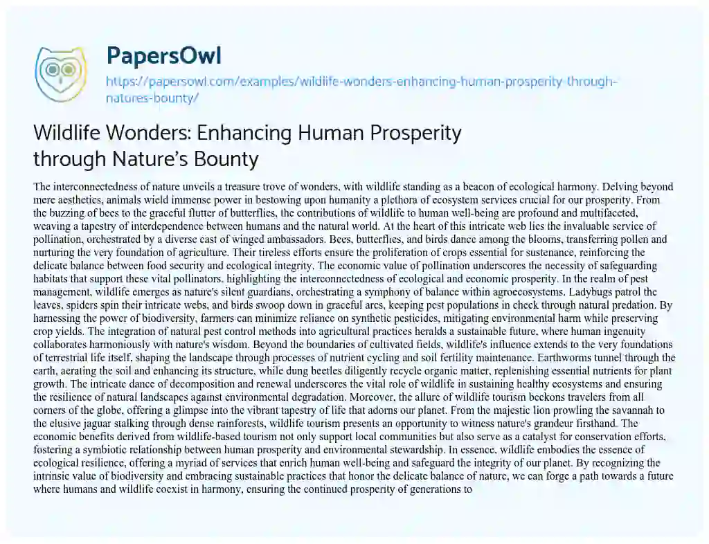 Essay on Wildlife Wonders: Enhancing Human Prosperity through Nature’s Bounty