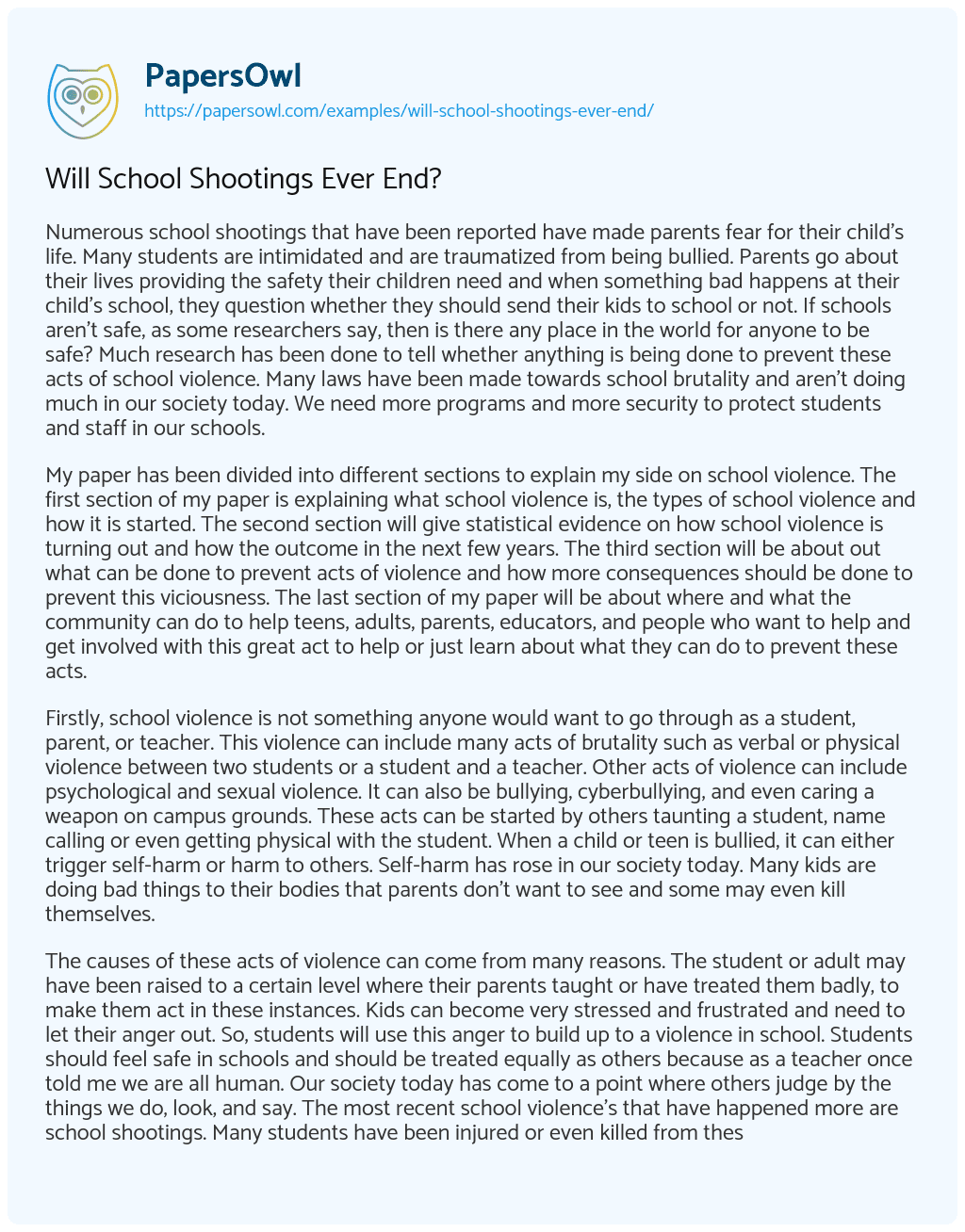 Essay on Will School Shootings Ever End?