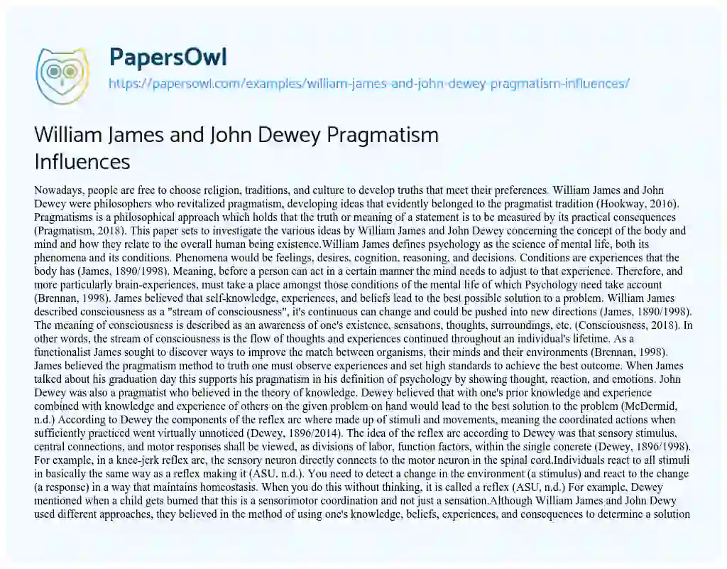 Essay on William James and John Dewey Pragmatism Influences